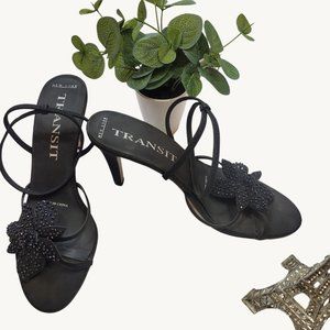 Black cocktail sandals with sequined embellished rose. Size 10 #8-0114